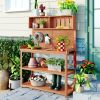 65" Large Wooden Farmhouse Rustic Outdoor Potting Bench Table; Patio Workstation; Garden Potting Bench with 4 Storage Shelves and Side Hook - Natural