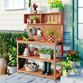 65" Large Wooden Farmhouse Rustic Outdoor Potting Bench Table; Patio Workstation; Garden Potting Bench with 4 Storage Shelves and Side Hook - Natural