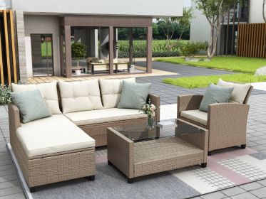 Outdoor, Patio Furniture Sets, 4 Piece Conversation Set Wicker Ratten Sectional Sofa with Seat Cushions(Beige Brown) - Beige