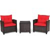 3 Pieces Rattan Patio Furniture Set with Washable Cushion - Red