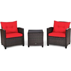 3 Pieces Rattan Patio Furniture Set with Washable Cushion - Red
