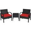 3 Pieces Outdoor Rattan Patio Conversation Set with Seat Cushions - Red