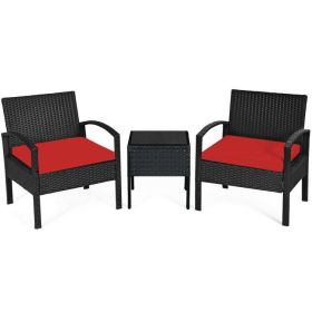3 Pieces Outdoor Rattan Patio Conversation Set with Seat Cushions - Red