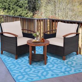 3 Pieces Patio Rattan Furniture Set with Washable Cushion and Acacia Wood Tabletop - Beige