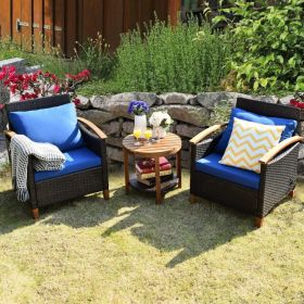 3 Pieces Patio Rattan Furniture Set with Washable Cushion and Acacia Wood Tabletop - Blue