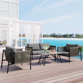 GO 4-Piece Rope Sofa Set with Thick Cushions and Toughened Glass Table, All-Weather Patio Furniture Set For 4 Person With Loveseat, Gray - as Pic