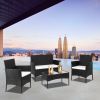2pcs Arm Chairs 1pc Love Seat & Tempered Glass Coffee Table Rattan Sofa Set Black - Black