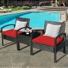 3 Pieces Outdoor Rattan Patio Conversation Set with Seat Cushions - Red