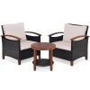 3 Pieces Patio Rattan Furniture Set with Washable Cushion and Acacia Wood Tabletop - Beige