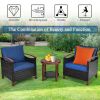 3 Pieces Patio Rattan Furniture Set with Washable Cushion and Acacia Wood Tabletop - Blue