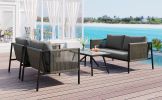 GO 4-Piece Rope Sofa Set with Thick Cushions and Toughened Glass Table, All-Weather Patio Furniture Set For 4 Person With Loveseat, Gray - as Pic