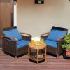 3 Pieces Patio Rattan Furniture Set with Washable Cushion and Acacia Wood Tabletop - Blue