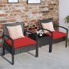 3 Pieces Outdoor Rattan Patio Conversation Set with Seat Cushions - Red