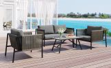 GO 4-Piece Rope Sofa Set with Thick Cushions and Toughened Glass Table, All-Weather Patio Furniture Set For 4 Person With Loveseat, Gray - as Pic