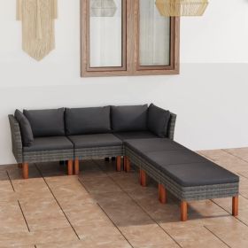 6 Piece Patio Lounge Set with Cushions Poly Rattan Gray (Color: Grey)